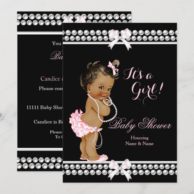 Invitación Chica de Baby Shower Perlas rosadas de etnia negra (Anverso / Reverso)