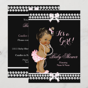 Invitación Chica de Baby Shower Perlas Rosadas Negra Étnica