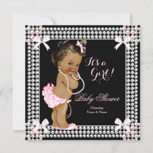 Invitación Chica de Baby Shower Perlas Rosadas Negras Étnicas