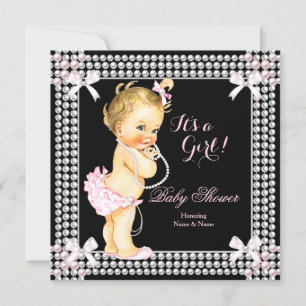 Invitación Chica de Baby Shower Perlas Rosadas Rubia Negra