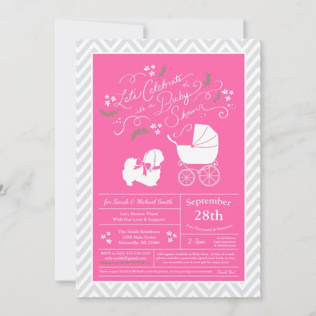 Invitación Chica de Baby Shower Perro Pekingese Rosa (Anverso)
