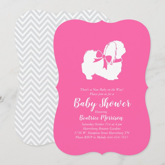 Invitación Chica de Baby Shower Perro Pekingese Rosa (Anverso / Reverso)