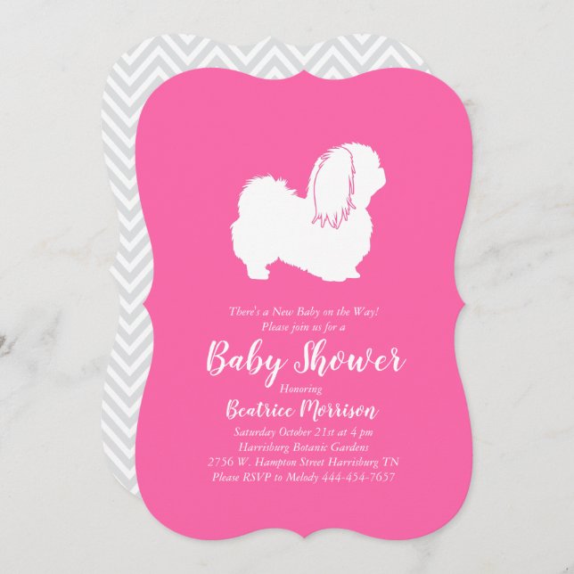 Invitación Chica de Baby Shower Perro Pekingese Rosa (Anverso / Reverso)
