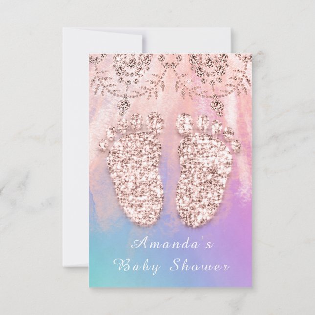 Invitación Chica de Baby Shower pies plateado niño Rosa real  (Reverso)