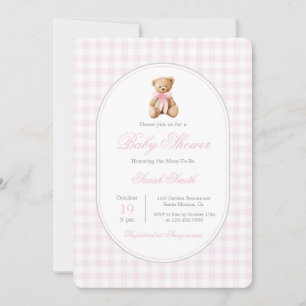 Invitación Chica de Baby Shower Pink Gingham Bear