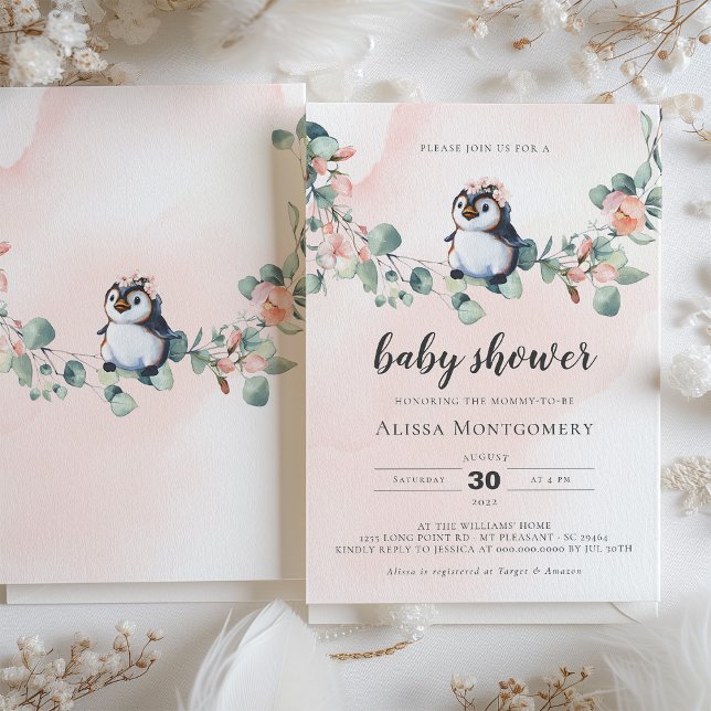Invitación Chica de Baby Shower Pink Penguin (Subido por el creador)