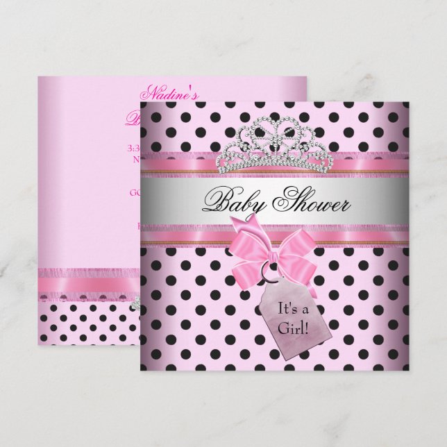 Invitación Chica de Baby Shower Polka Punto Rosa Princesa Neg (Anverso / Reverso)
