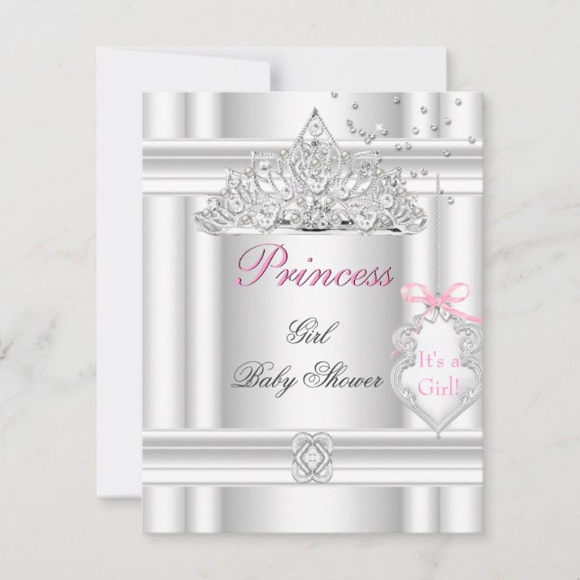Invitación Chica de Baby Shower: Princesa Blanca Rosa Tiara (Anverso)