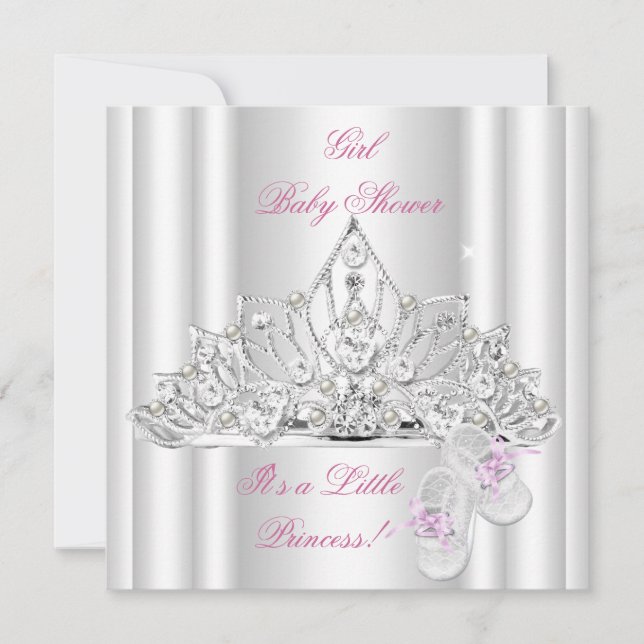 Invitación Chica de Baby Shower: Princesa Blanca Rosa Tiara (Anverso)