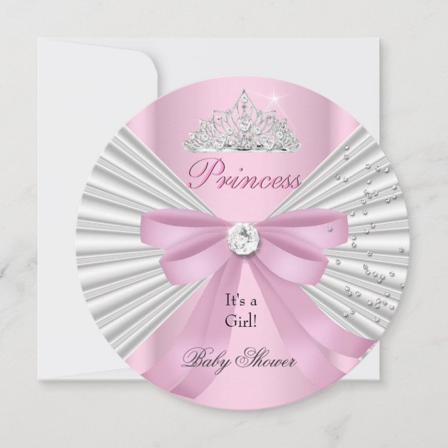 Invitación Chica de Baby Shower Princesa Blanca Rosa Tiara ab (Anverso)