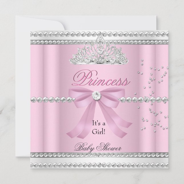 Invitación Chica de Baby Shower Princesa Blanca Rosa Tiara Bo (Anverso)
