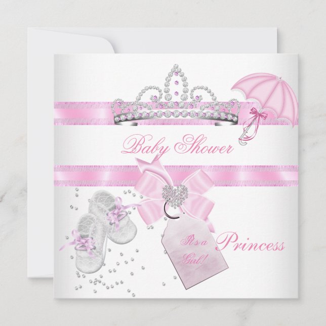 Invitación Chica de Baby Shower Princesa Blanca Rosa Tiara Ma (Anverso)