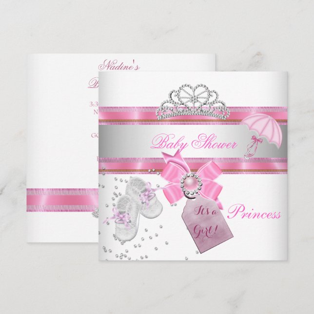 Invitación Chica de Baby Shower Princesa Blanca Rosa Tiara Ma (Anverso / Reverso)