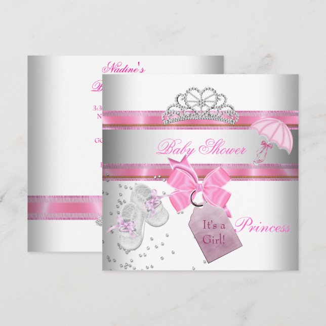 Invitación Chica de Baby Shower Princesa Blanca Rosa Tiara Ma (Anverso / Reverso)