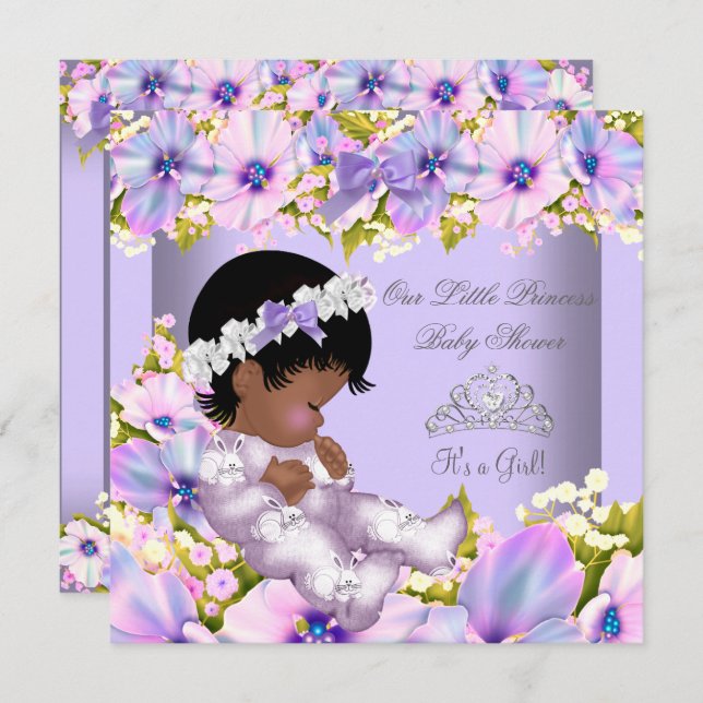 Invitación Chica de Baby Shower Princesa morada afroamericana (Anverso / Reverso)