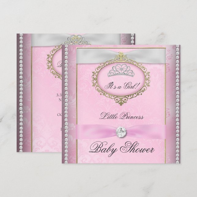 Invitación Chica de Baby Shower Princesa Rosa Tiara Diamond (Anverso / Reverso)