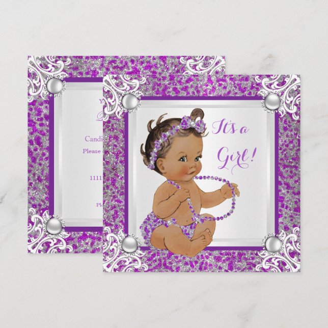 Invitación Chica de Baby Shower Purpurina Purple Silver Lace  (Anverso / Reverso)