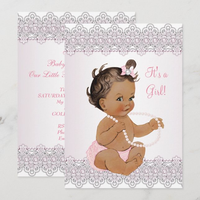 Invitación Chica de Baby Shower Rosa Blanco Encaje Perla More (Anverso / Reverso)