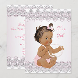 Invitación Chica de Baby Shower Rosa Blanco Encaje Perla More