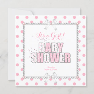 Invitación Chica de Baby Shower Rosa Blanco Lunares Perlas