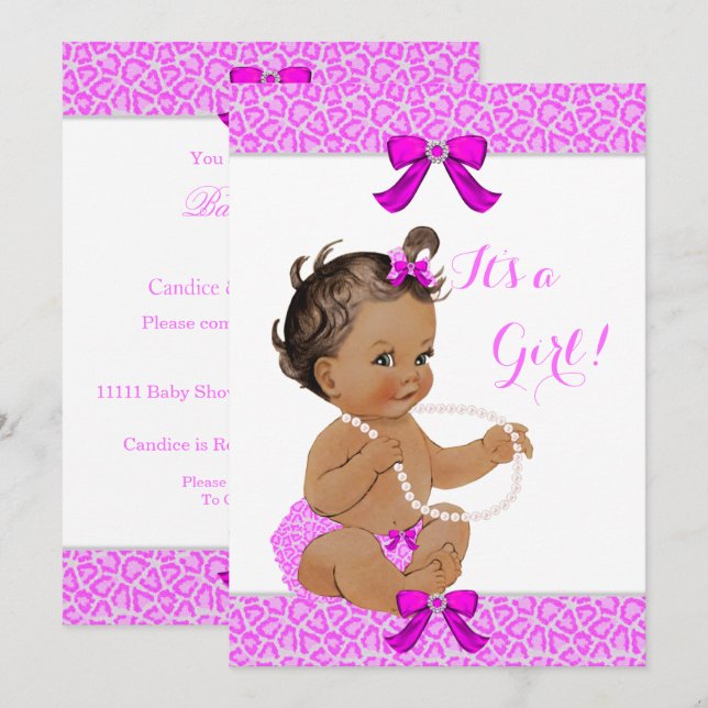 Invitación Chica de Baby Shower Rosa Caliente Leopardo Perlas (Anverso / Reverso)