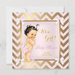 Invitación Chica de Baby Shower Rosa Chevron Dorado Morena