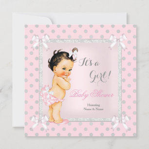 Invitación Chica de Baby Shower Rosa Gris Lunares Morena