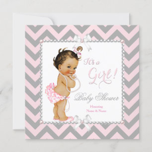Invitación Chica de Baby Shower Rosa Gris Raya Blanca Morena