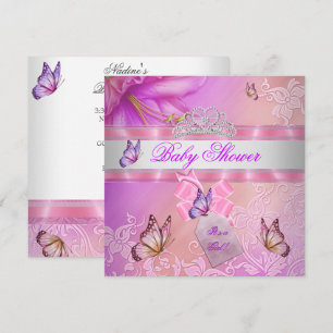Invitación Chica de Baby Shower Rosa Morado Princesa Mariposa