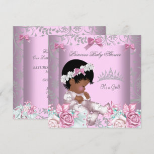 Invitación Chica de Baby Shower rosa y gris afroamericano 3