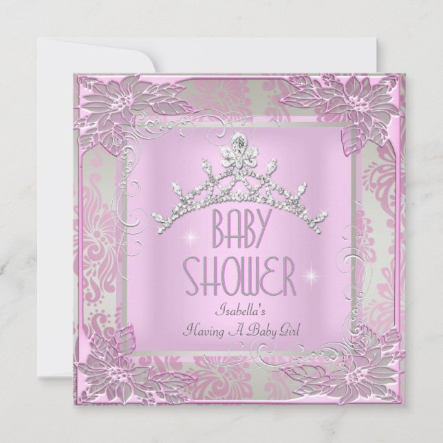 Invitación Chica de Baby Shower rosada Baby Tiara Damask (Anverso)