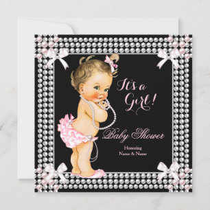 Invitación Chica de Baby Shower Rosas Perlas Negras Morena