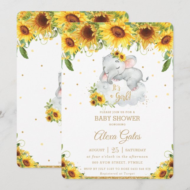 Invitación Chica de Baby Shower Rustic Sunflower Cute Elephan (Anverso / Reverso)