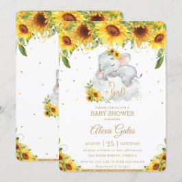 Invitación Chica de Baby Shower Rustic Sunflower Cute Elephan