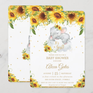 Invitación Chica de Baby Shower Rustic Sunflower Cute Elephan