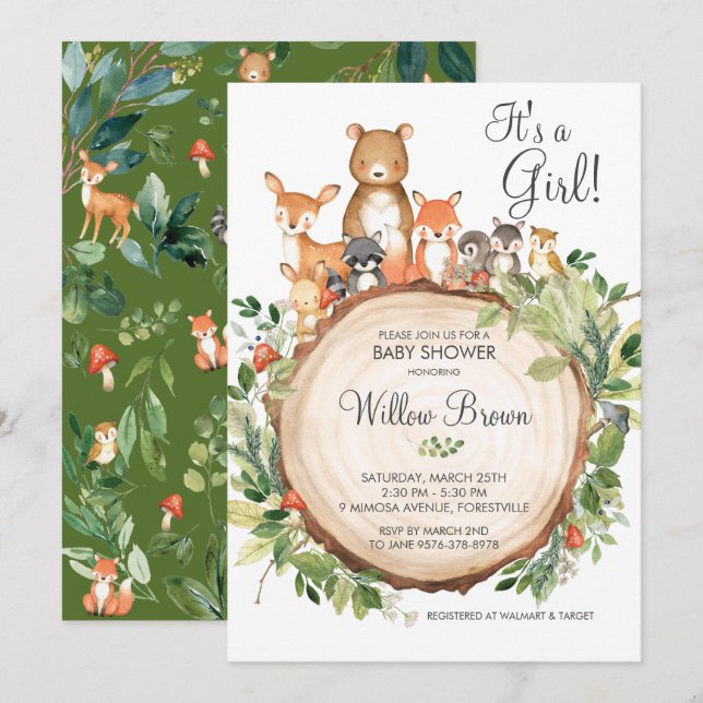 Invitación Chica de Baby Shower Rustic Woodland Animals (Anverso / Reverso)