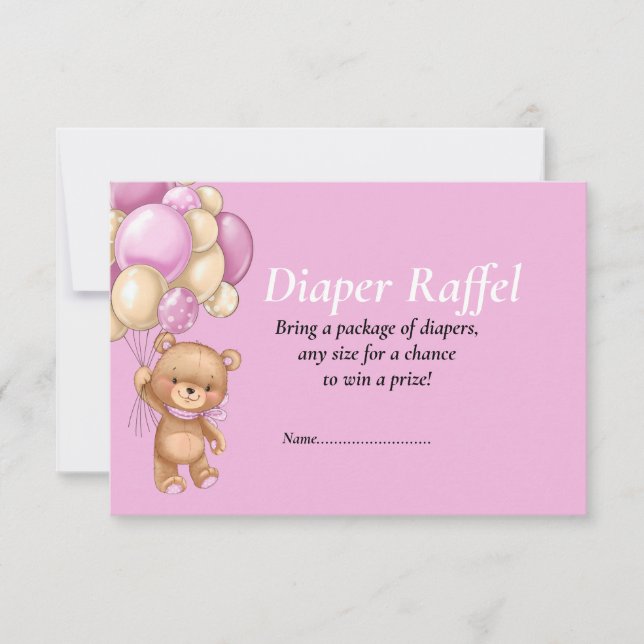 Invitación Chica de Baby Shower Teddy Balloons Diaper Raffel (Anverso)
