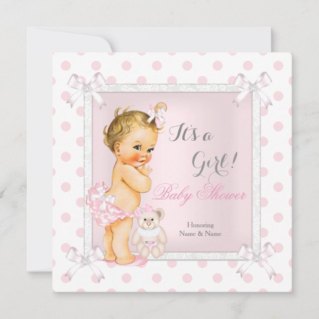 Invitación Chica de Baby Shower Toy rosado Polka Dot Blonde (Anverso)