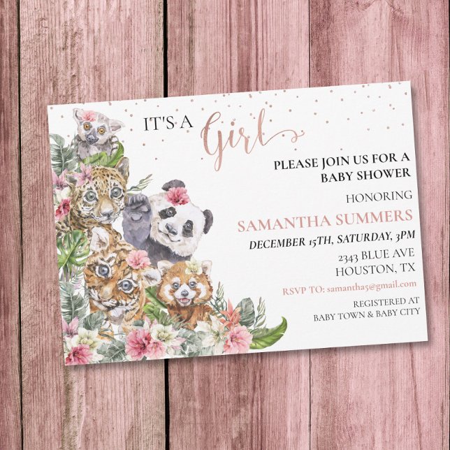 Invitación Chica de Baby Shower Tropical Cute Jungle Animales (Subido por el creador)
