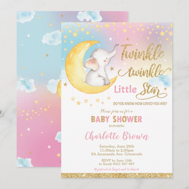 Invitación Chica de Baby Shower Twinkle Little Star Elephant (Anverso / Reverso)