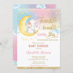 Invitación Chica de Baby Shower Twinkle Little Star Elephant