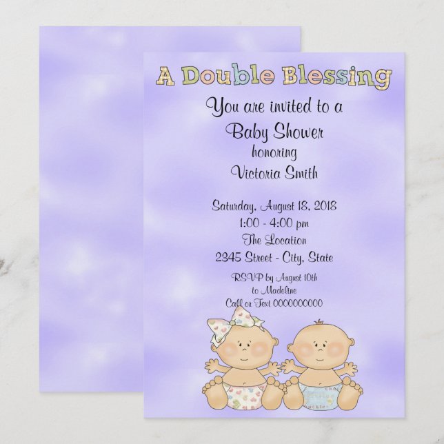 Invitación Chica de Baby Shower Twins Boy (Anverso / Reverso)
