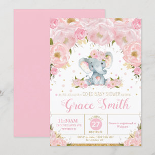 Invitación Chica de Baby Shower Unisex Floral Elefante Rosa