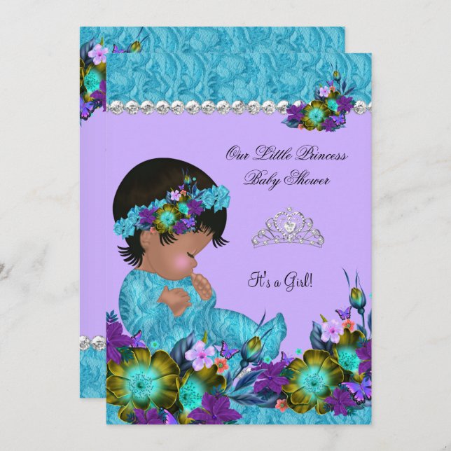 Invitación Chica de Baby Shower Verde azulado Blue Purple (Anverso / Reverso)