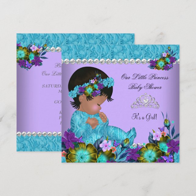 Invitación Chica de Baby Shower Verde azulado Blue Purple (Anverso / Reverso)