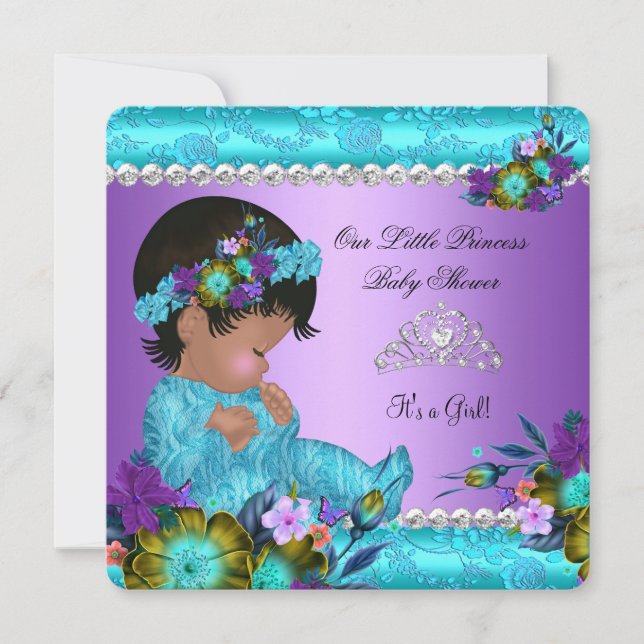 Invitación Chica de Baby Shower Verde azulado Blue Purple Dam (Anverso)