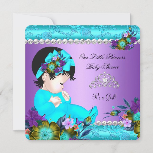 Invitación Chica de Baby Shower Verde azulado Blue Purple Dam (Anverso)