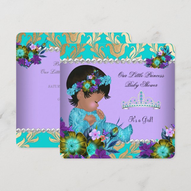 Invitación Chica de Baby Shower Verde azulado Blue Purple Gol (Anverso / Reverso)