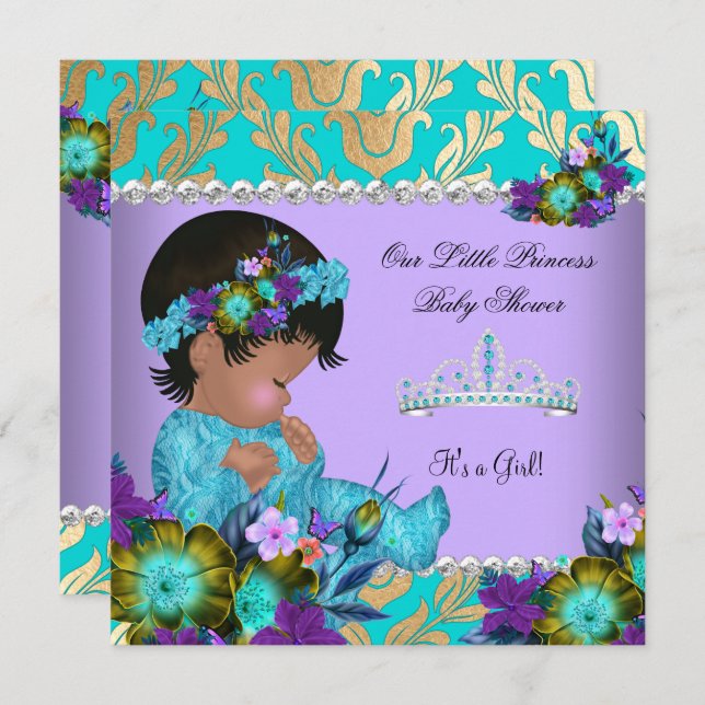 Invitación Chica de Baby Shower Verde azulado Blue Purple Gol (Anverso / Reverso)