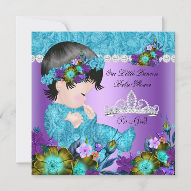 Invitación Chica de Baby Shower Verde azulado Blue Purple New (Anverso)